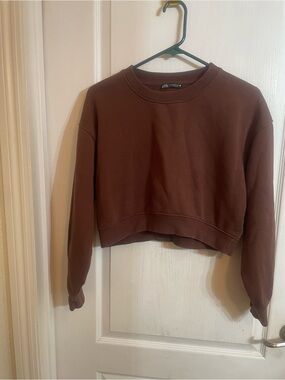 Zara Chocolate Brown Cropped Crewneck Sweatshirt